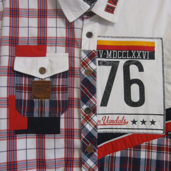 Denim Distillery Mens Short Sleeve Patchwork Plaid Shirt sz L Red White Blue - Picture 3 of 11